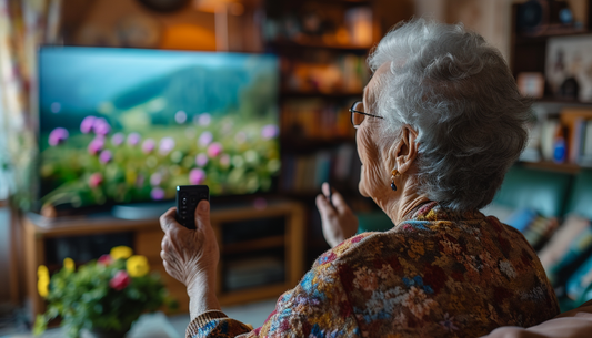 Elderly person adjusting TV volume for better hearing, reflecting auditory changes with age.